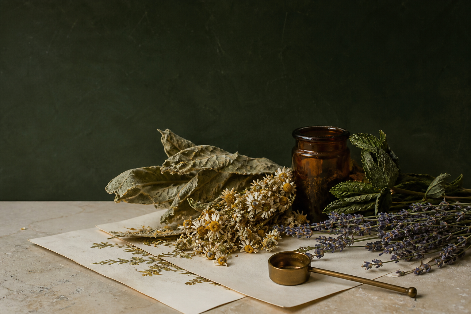 Dried mullein, chamomile, lavender, and peppermint arranged beside an amber apothecary jar